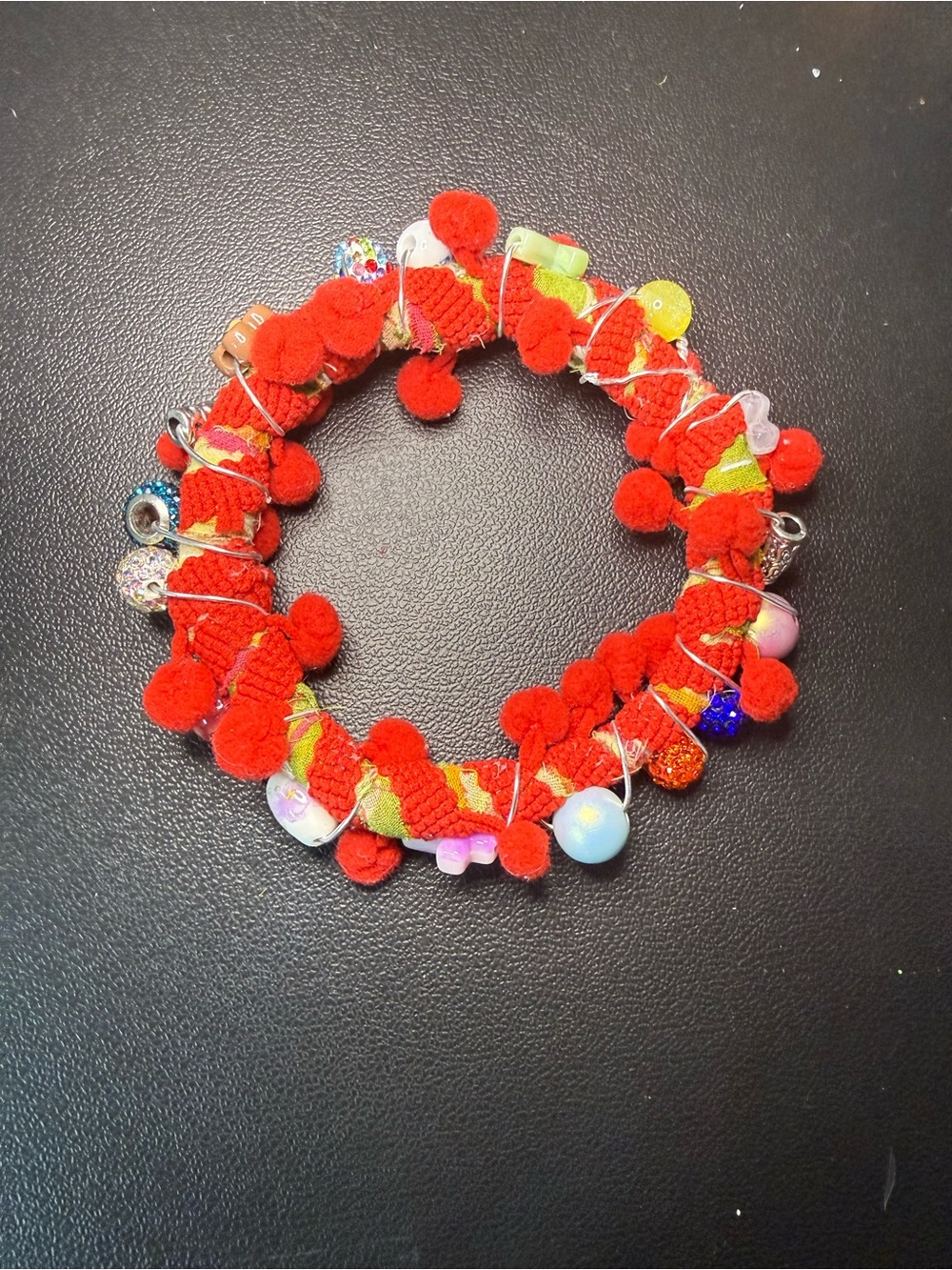 Red Pom Pom Beaded Kantha Wrap Bracelet - Unbranded